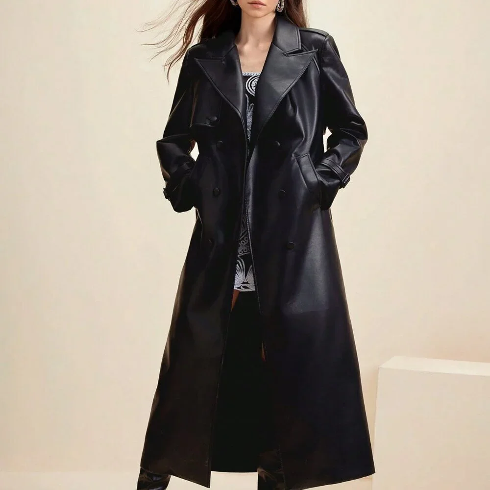 Black Elegant Women's faux Leather Jacket Trench Coat Casual Outerwear - Picture 4 of 7
